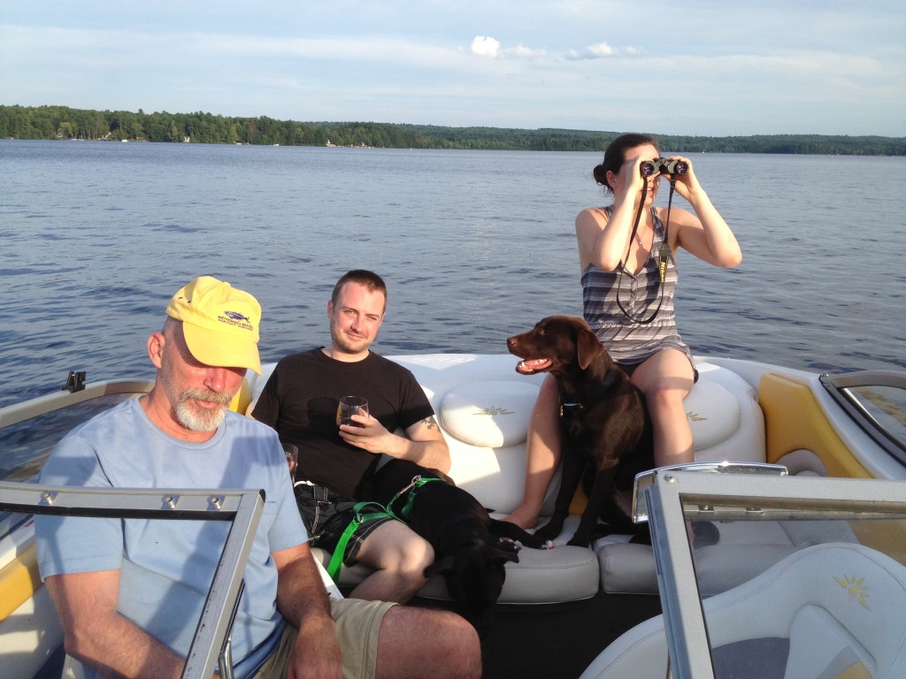 Cocktail cruise ... daughter "binocularing" and her boyfriend "two fisted drinking" ... four dogs, four adults! 