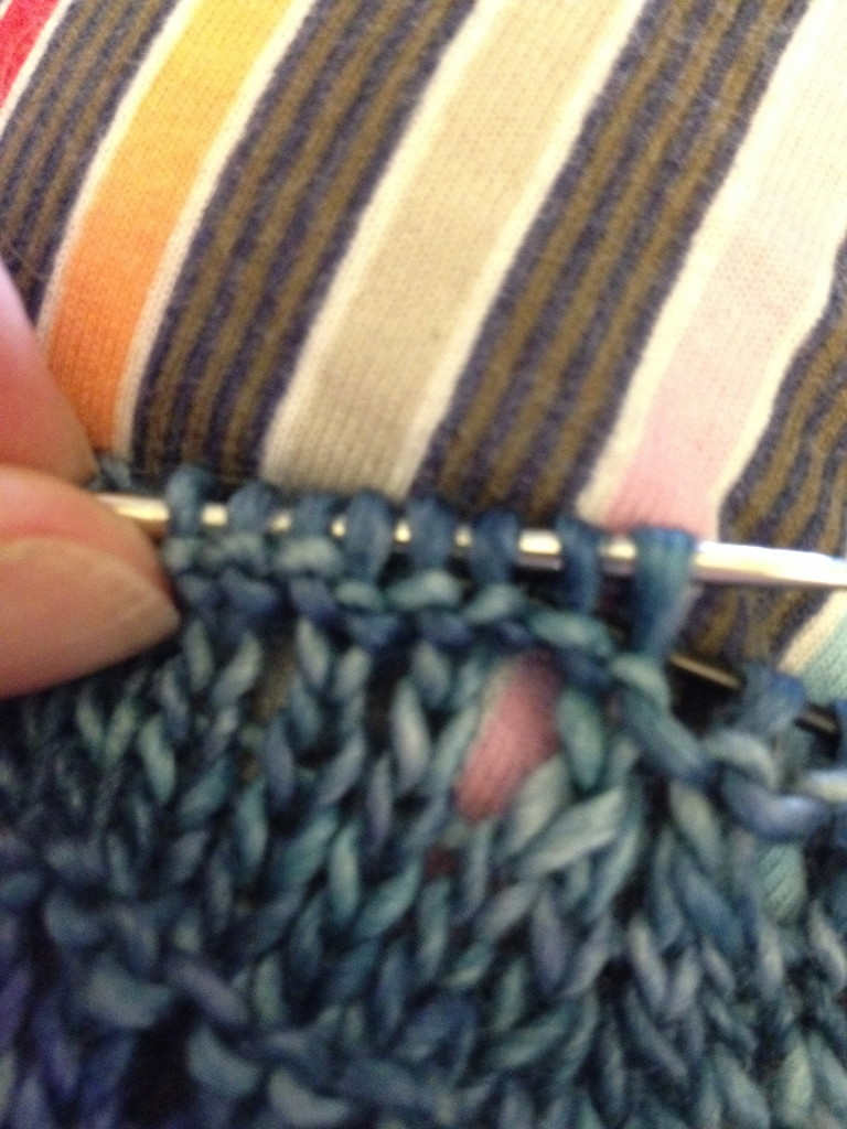 With your tapestry needle, thread the life line (pink) through every stitch.