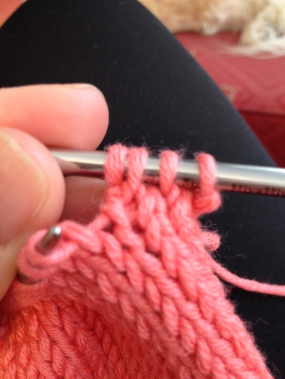 Three stitches is now FOUR! But can you see the "purl bump" on the fourth stitch (the left-most)?